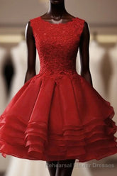 Red Round Neckline Layers Short Semi Formal Prom Dress, Red Lace Homecoming Dress